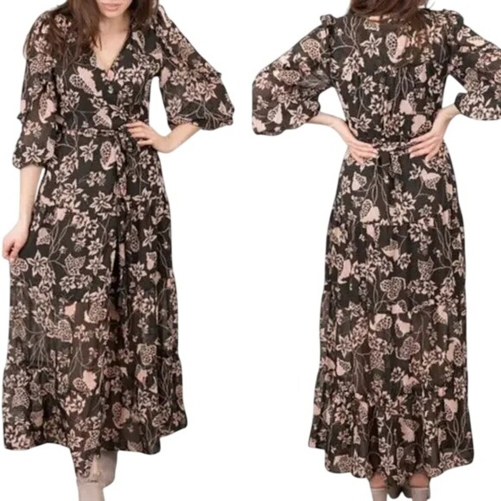 Elan Floral Tie Waist Maxi Dress Size Medium Black Dusty Pink Cottage Whimsigoth